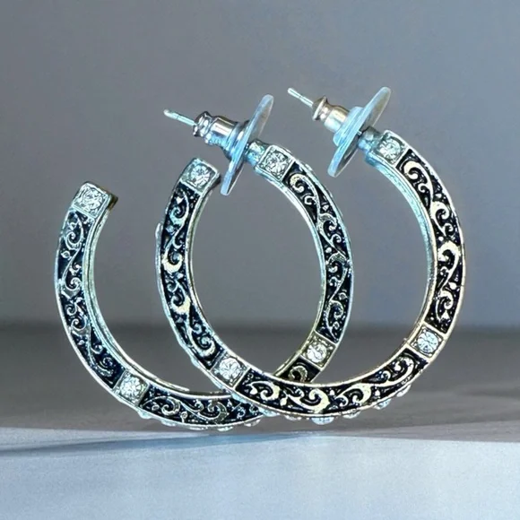 Elegant Black and Gold Tone Rhinestone Hoop Earrings. - Picture 3 of 8